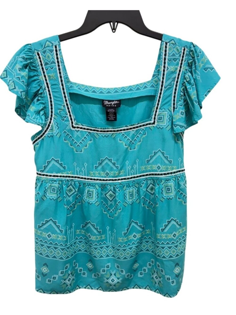 Wrangler Retro Turquoise Embroidered Boho Flutter Sleeve Top – M